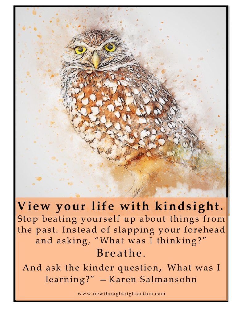 Photo of owl with the quote: "VIEW YOUR LIFE WITH KINDSIGHT Stop beating yourself up about things from the past. Instead of slapping your forehead and asking, “What was I thinking?” Breathe. And ask the kinder question, What was I learning?” Karen Salmansohn